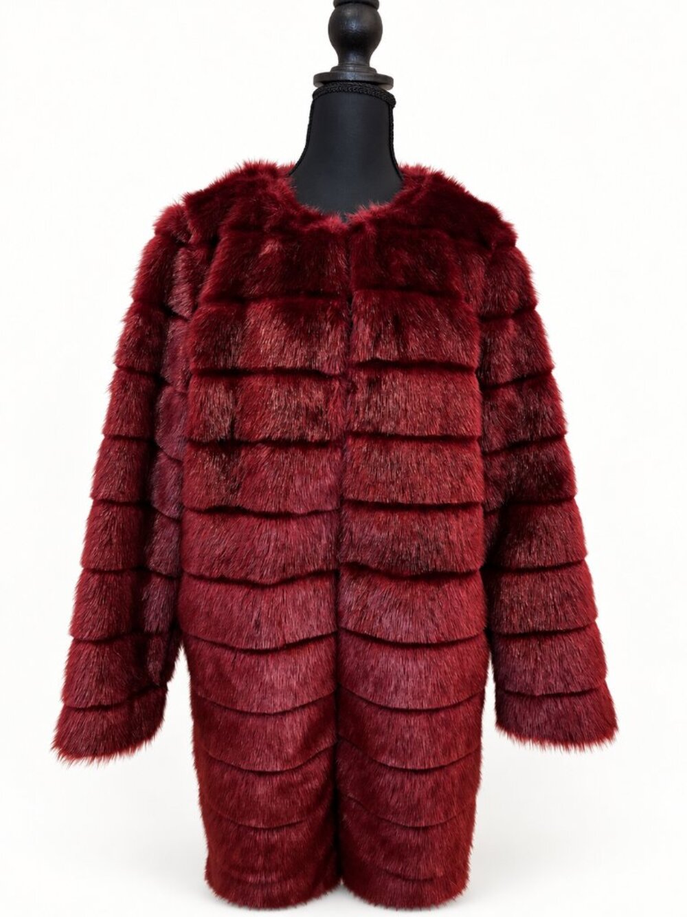 Mossimo Burgundy Tiered Faux Fur Long Coat Size M Wine Red